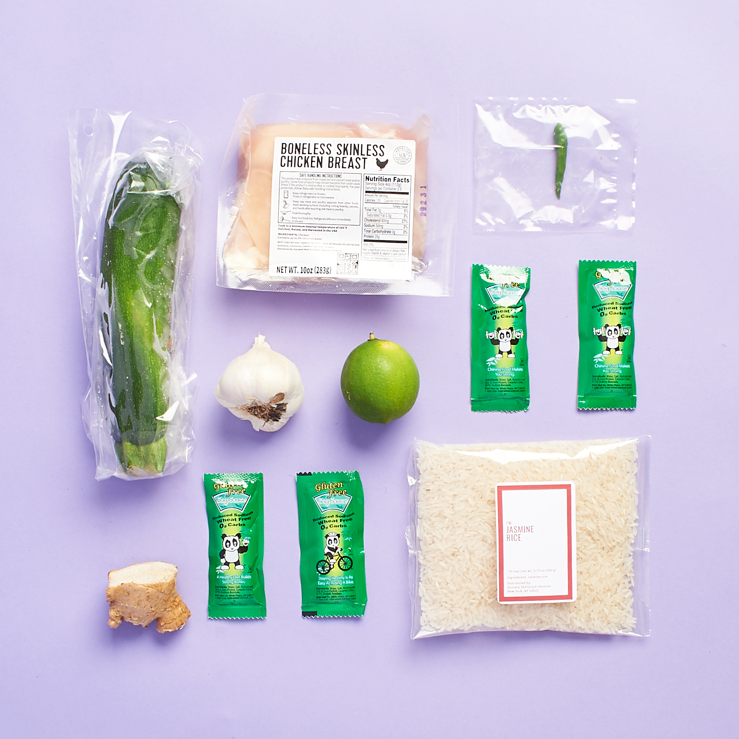 ingredients for Teriyaki Chicken with Zucchini and Ginger-Lime Rice in group