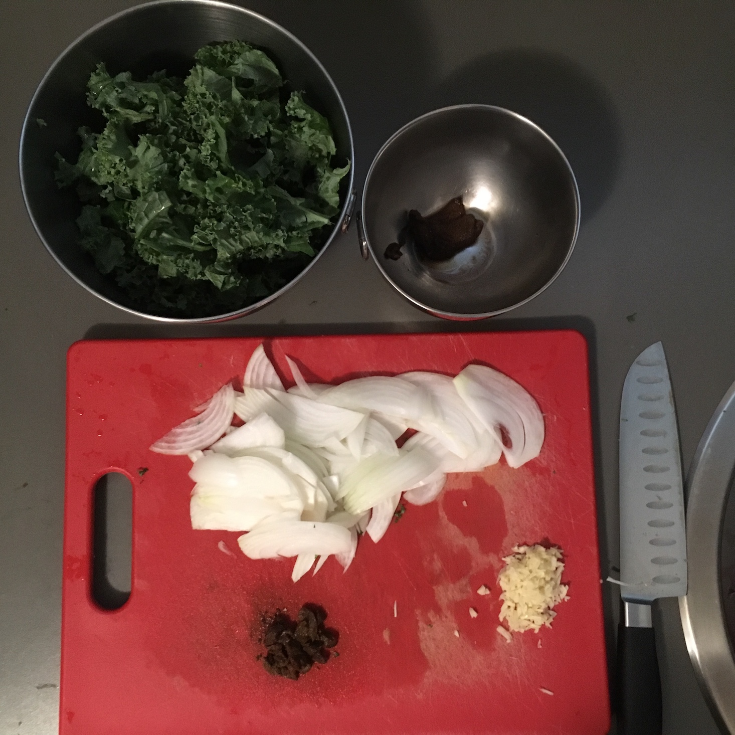 kale caesar flabtread prep work with porcinis rehydrated and chopped