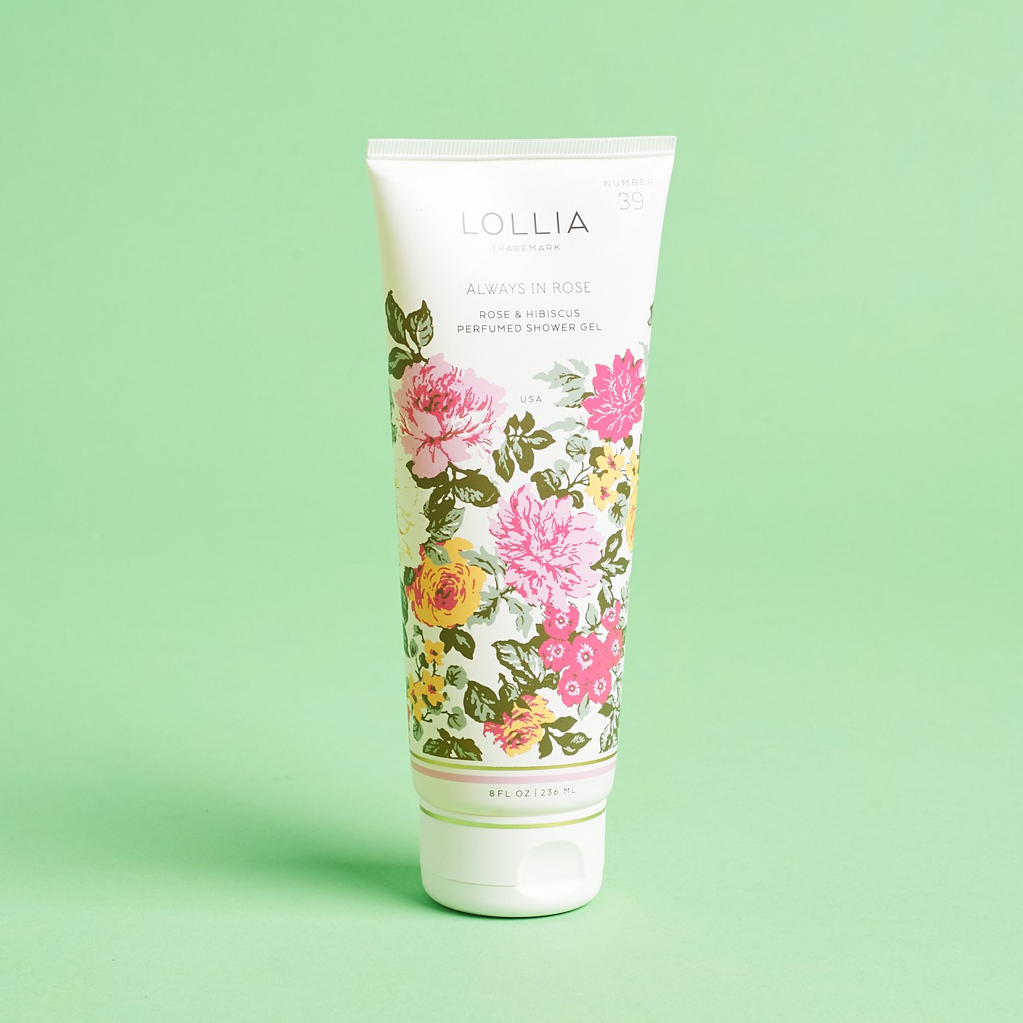 large floral tube of shower gel