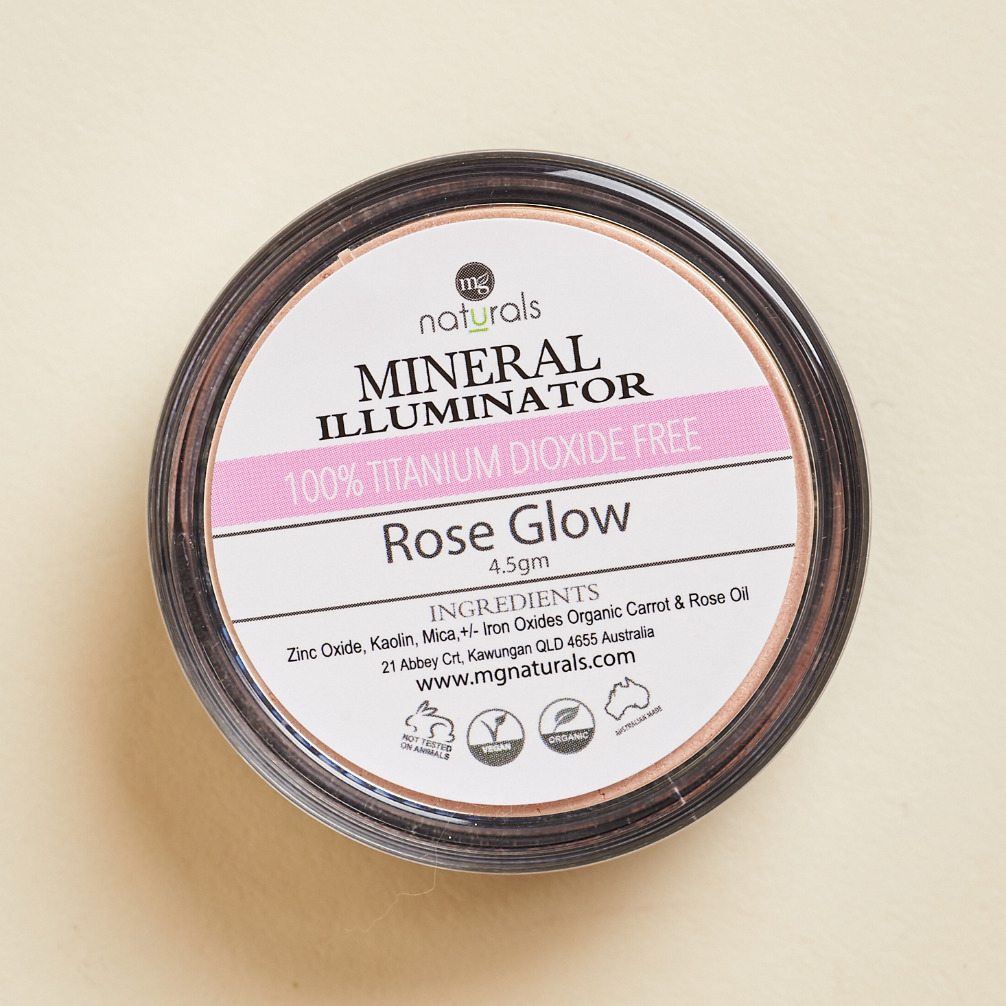 bottom of MG Naturals Mineral Illuminator in Rose Glow