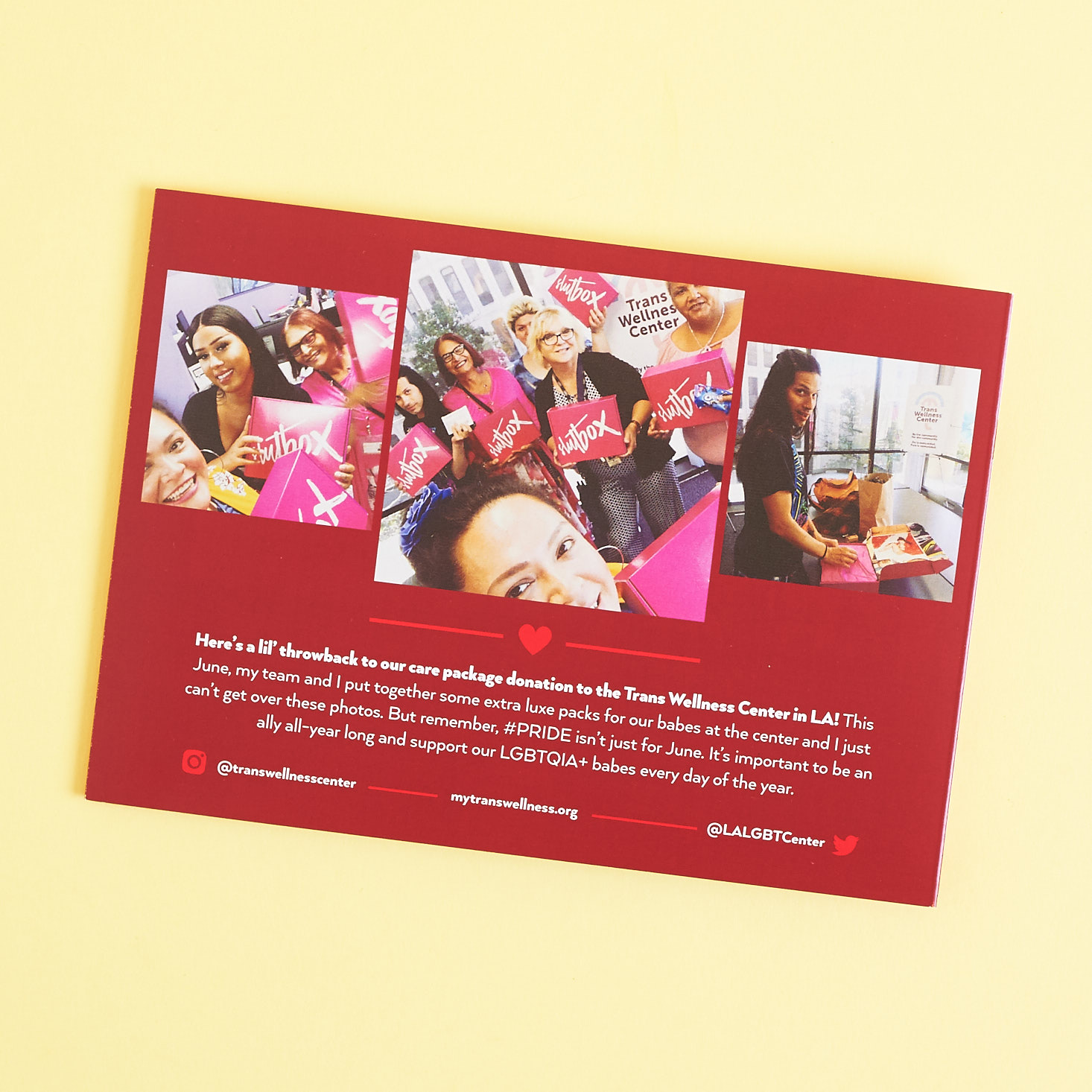 Care package donation photos on back of booklet