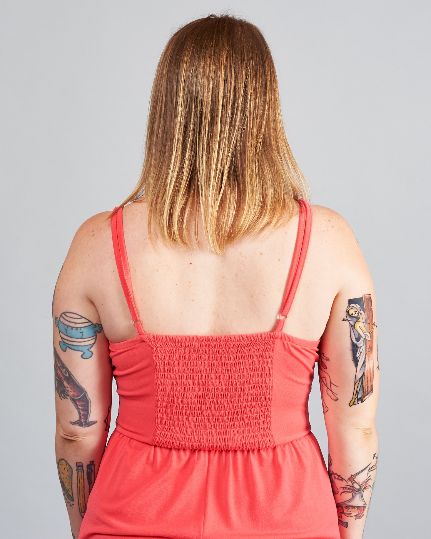 back of V-Wire Cami Romper in Hot & Spicy