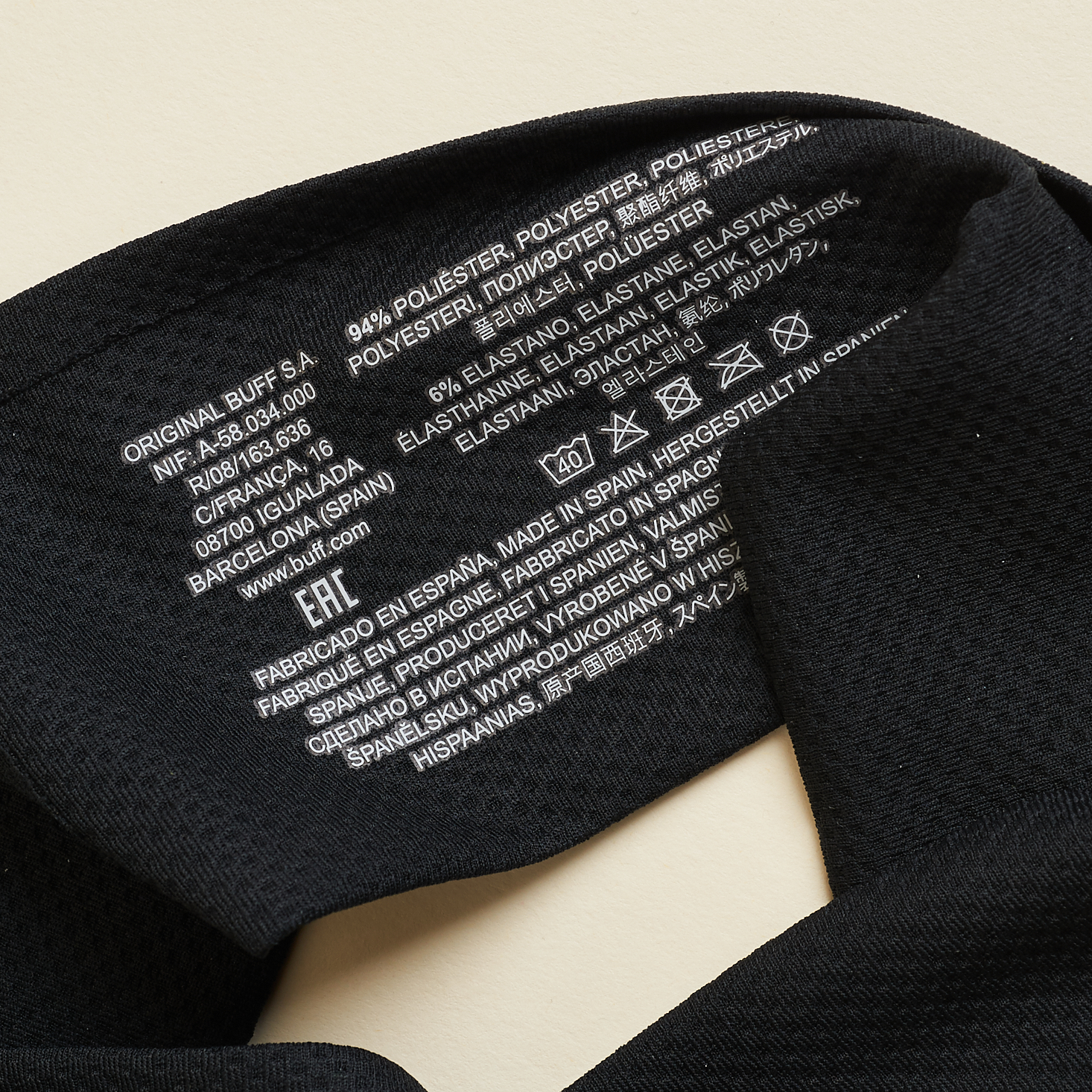 label printed inside of Buff Fastwick Headband