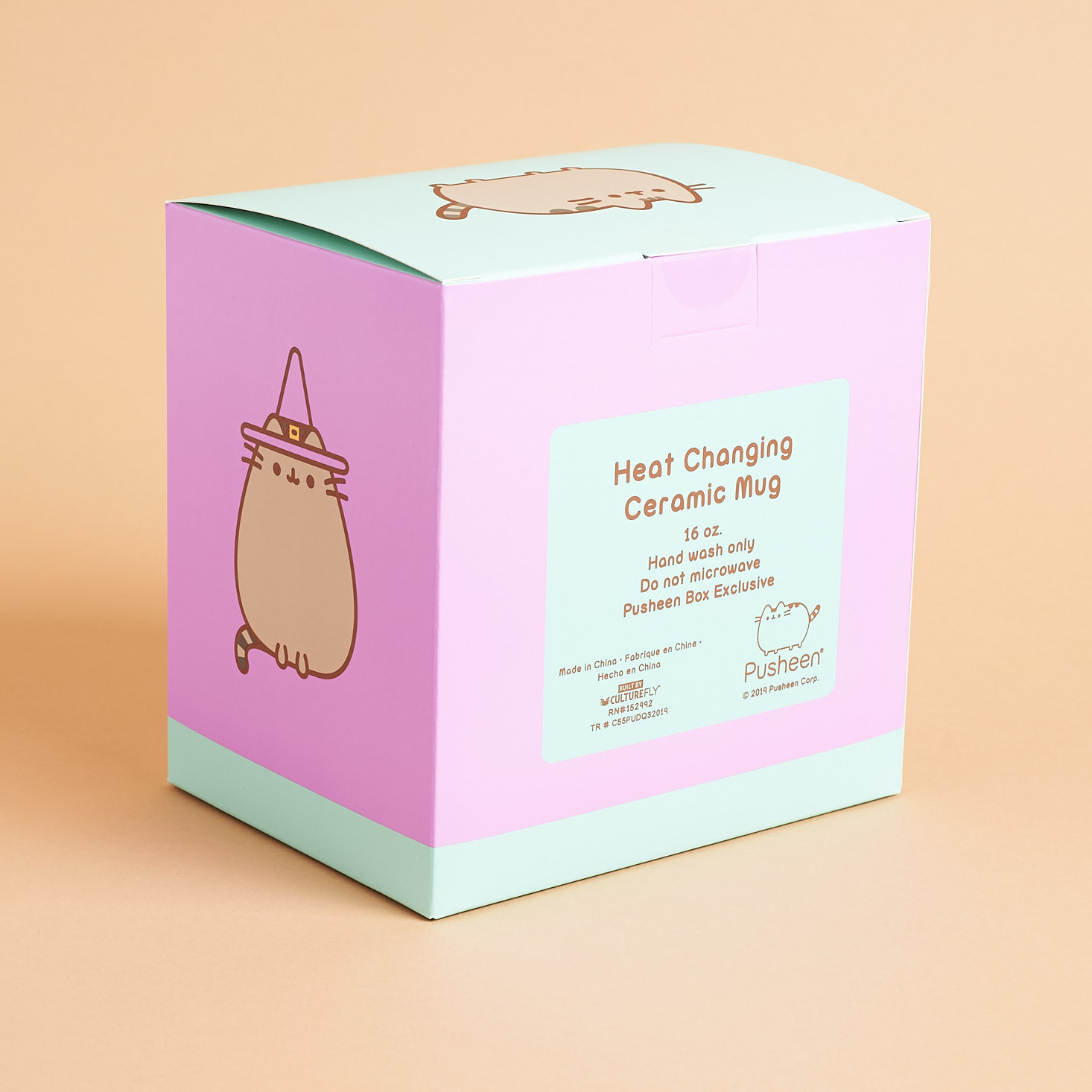 back of Pusheen color changing mug box