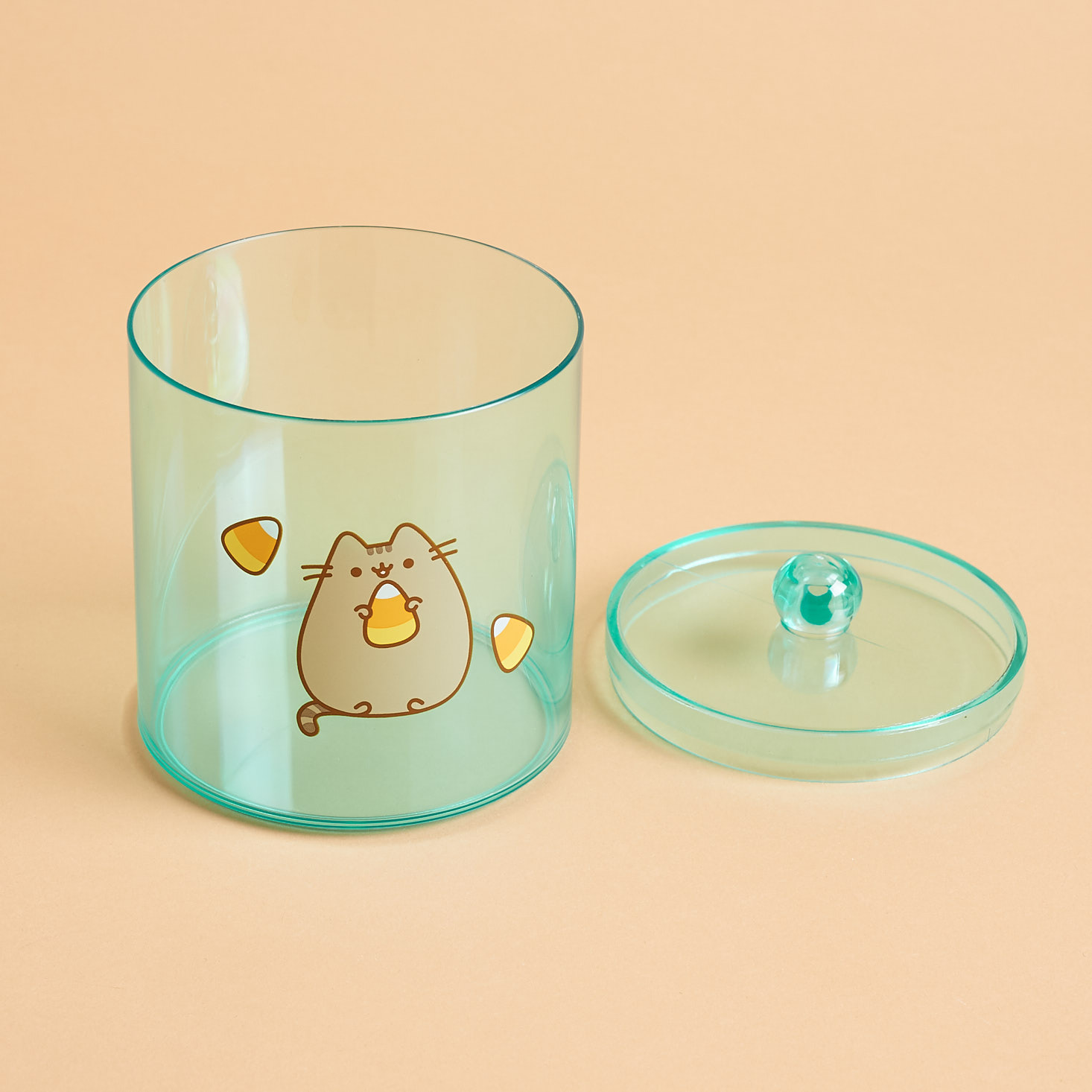 Pusheen candy corn plastic jar with lid off