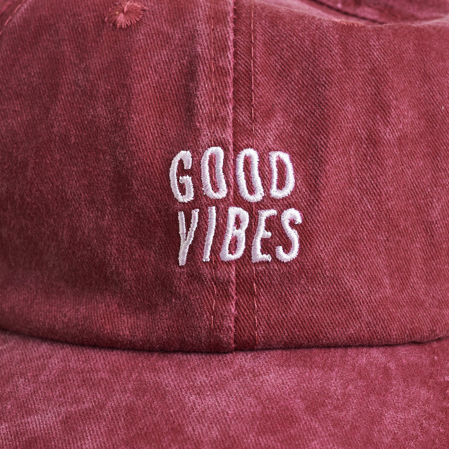 detail of front of Vivian Roe Good Vibes Baseball Hat