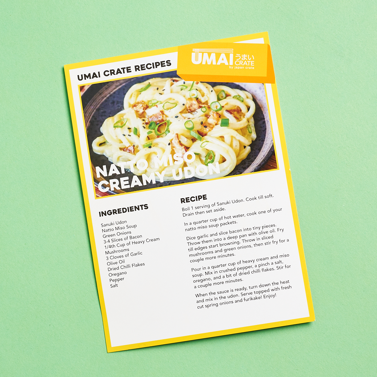 Umai Crate October 2019 - natto miso creamy udon recipe card