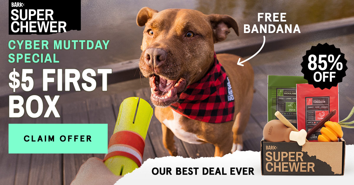 Extended! Super Chewer Cyber Muttday Coupon – First Box for $5 + Free Bandana!