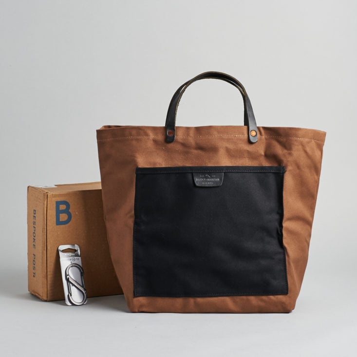 Black and Tan canvas tote next to an S-hook from the November 2019 Bespoke Post Cargo box