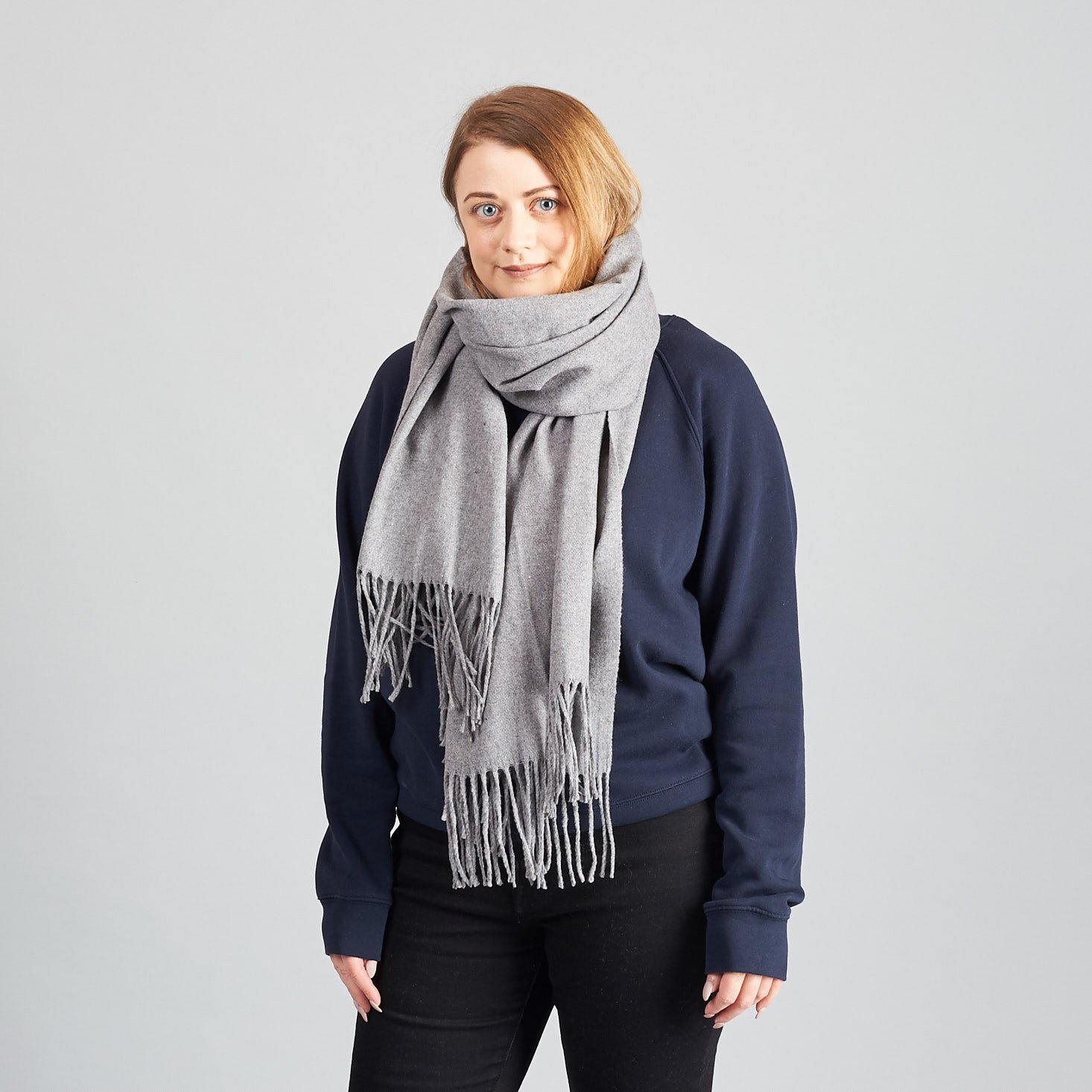 Marne wearing Blanket Scarf in Grey mix