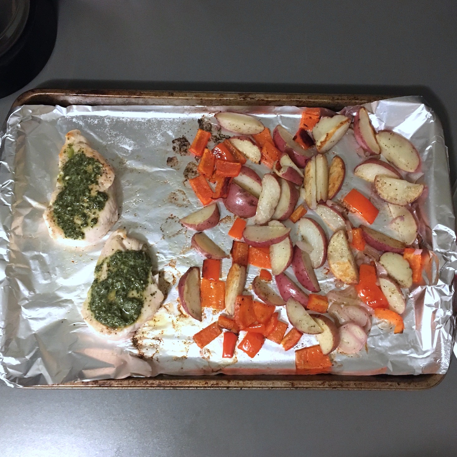 veggies and chicken on tray