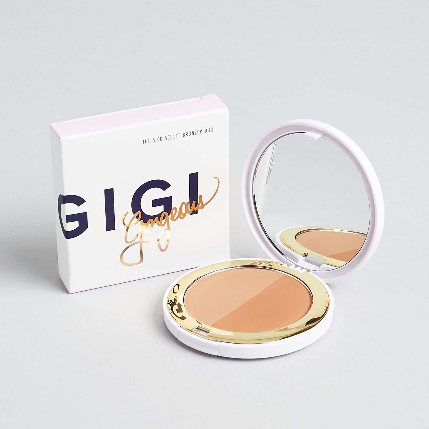 white compact with gigi gorgeous branding and duotone bronzer