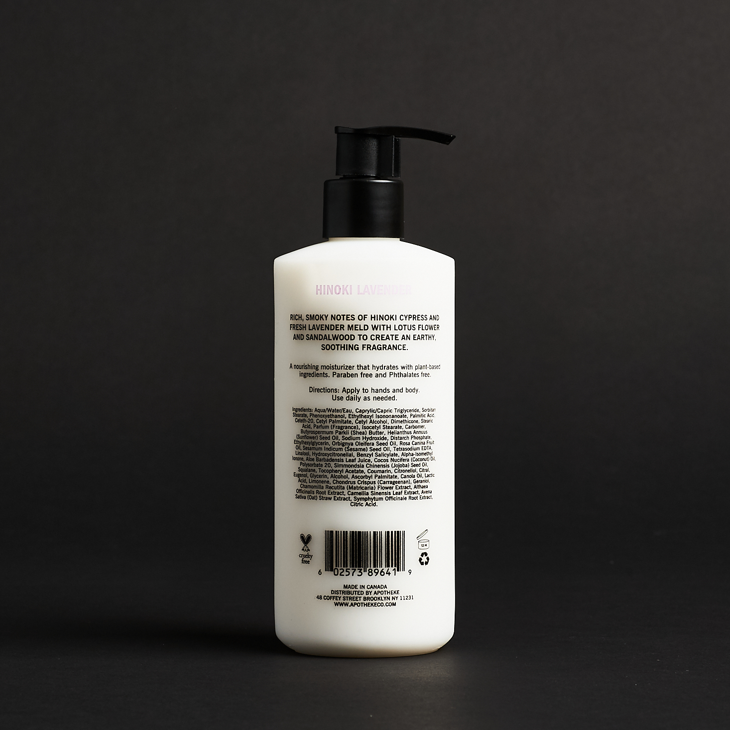 back of Apotheke Hinoki Lavender Lotion