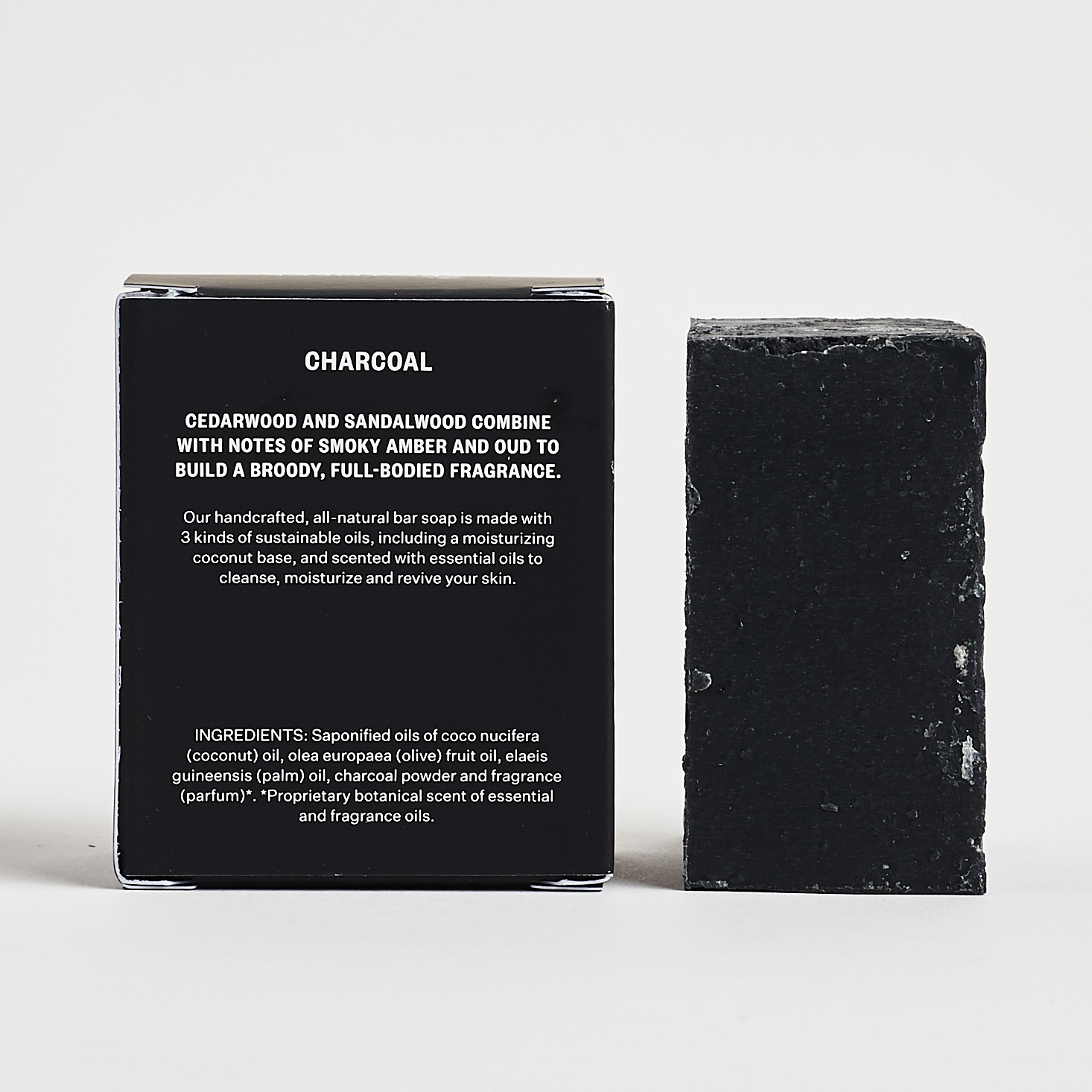 side of Apotheke Charcoal Bar Soap with back of box