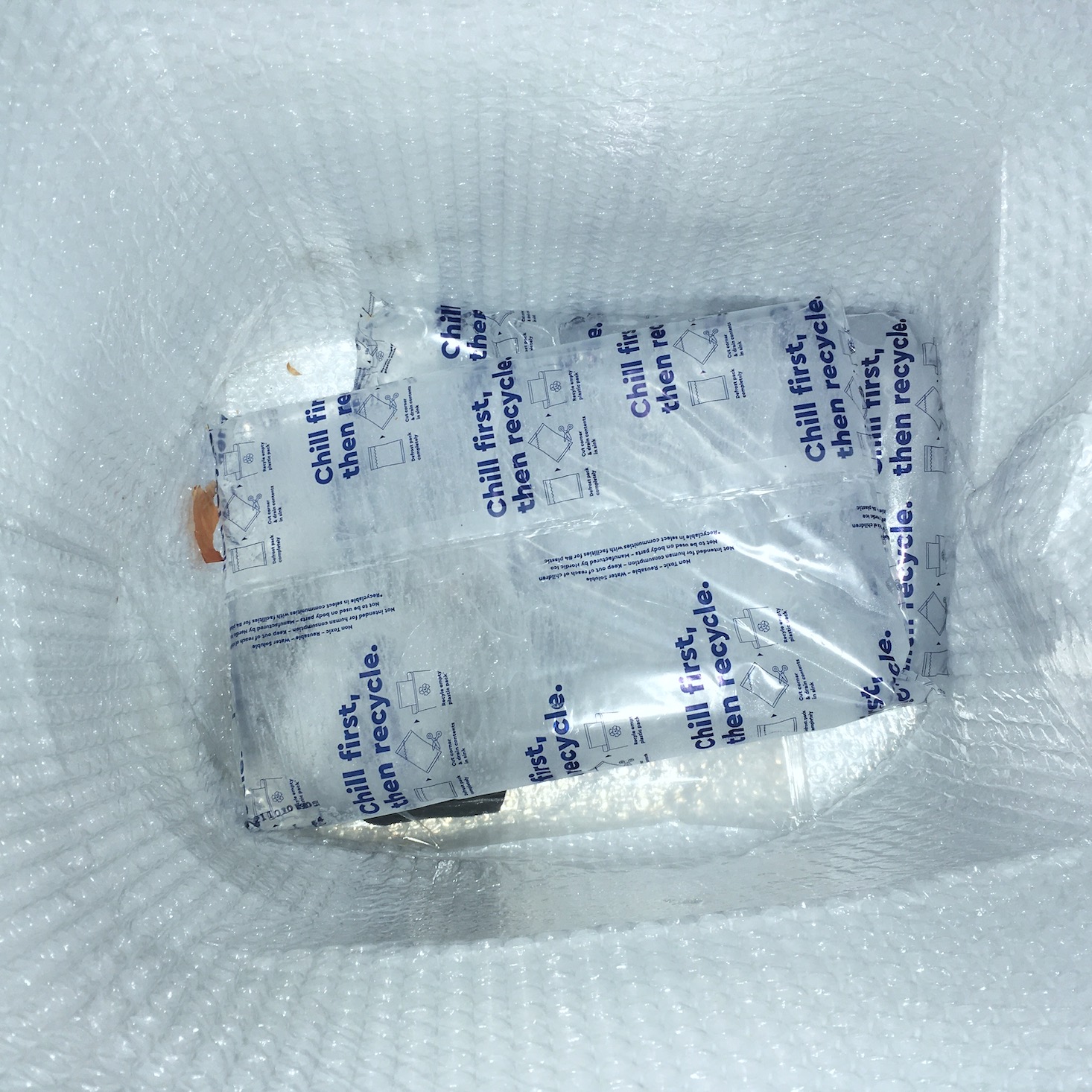 open box top view showing ice pack