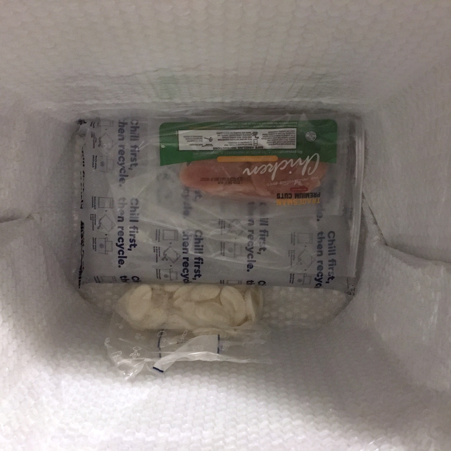 chicken, rice cakes, and ice pack at the bottom of the box