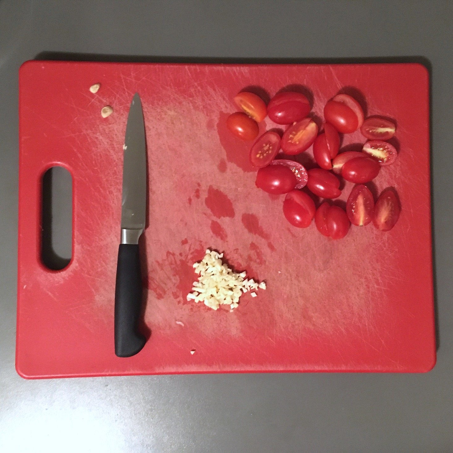 shrimp linguine prep work on cutting board