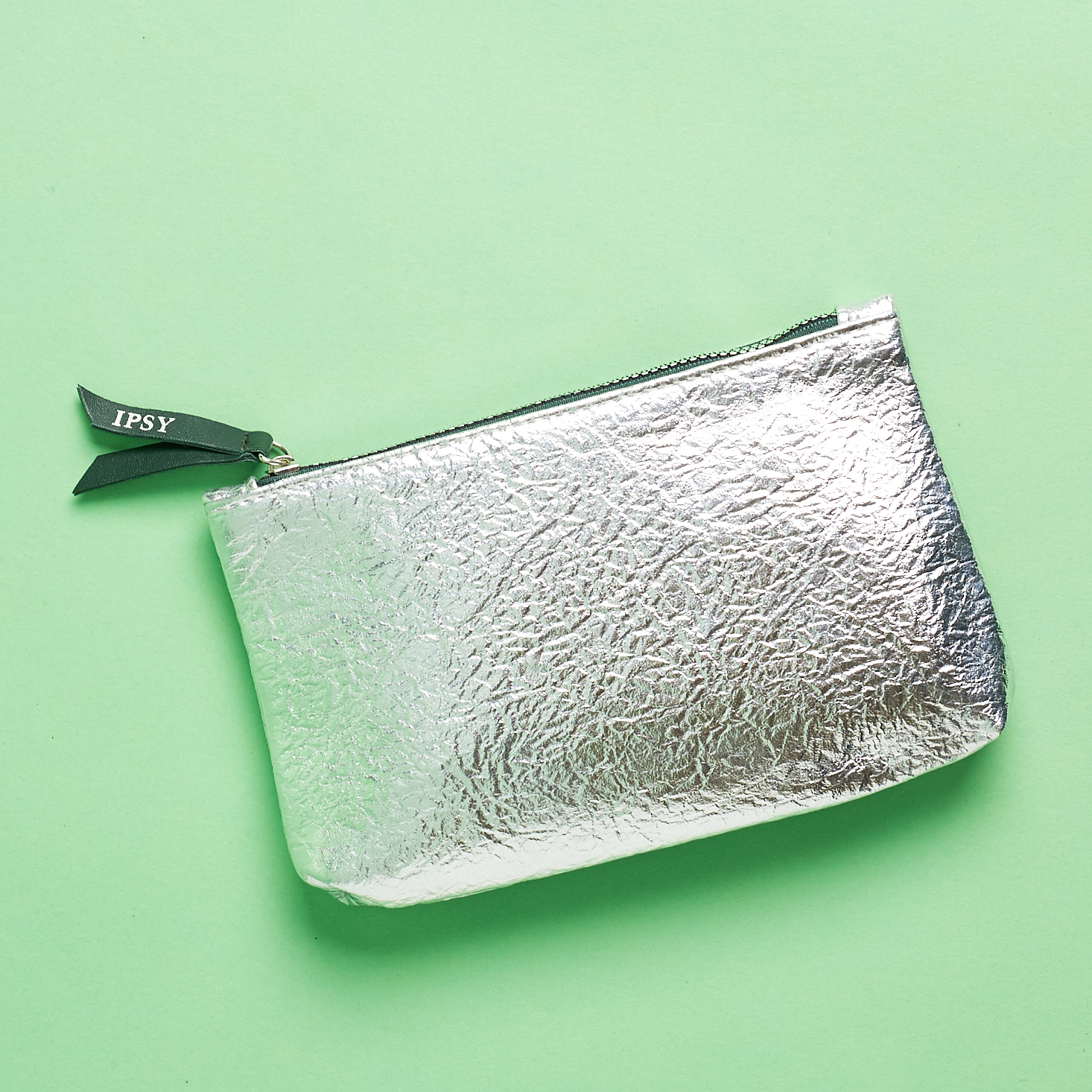 silver faux leather bag with hunter green zipper