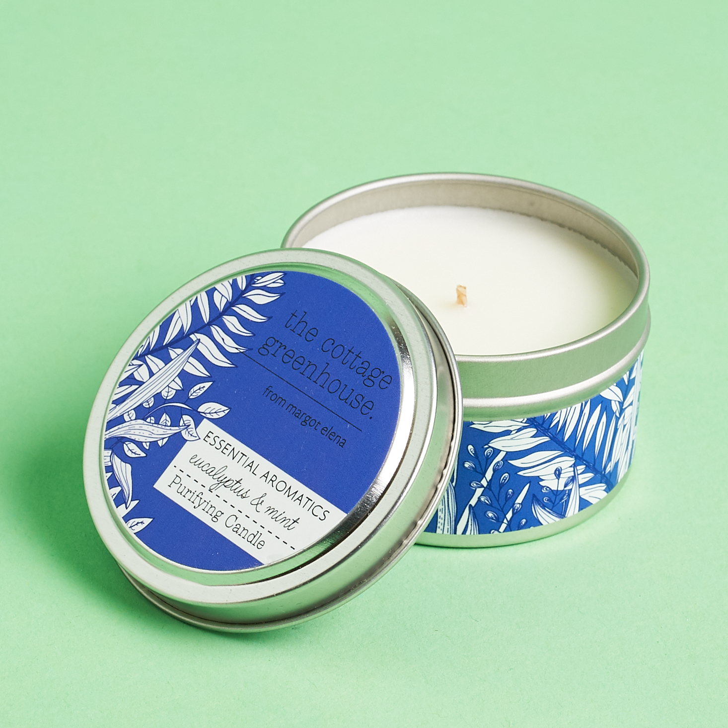 cobalt and white aluminum candle tin