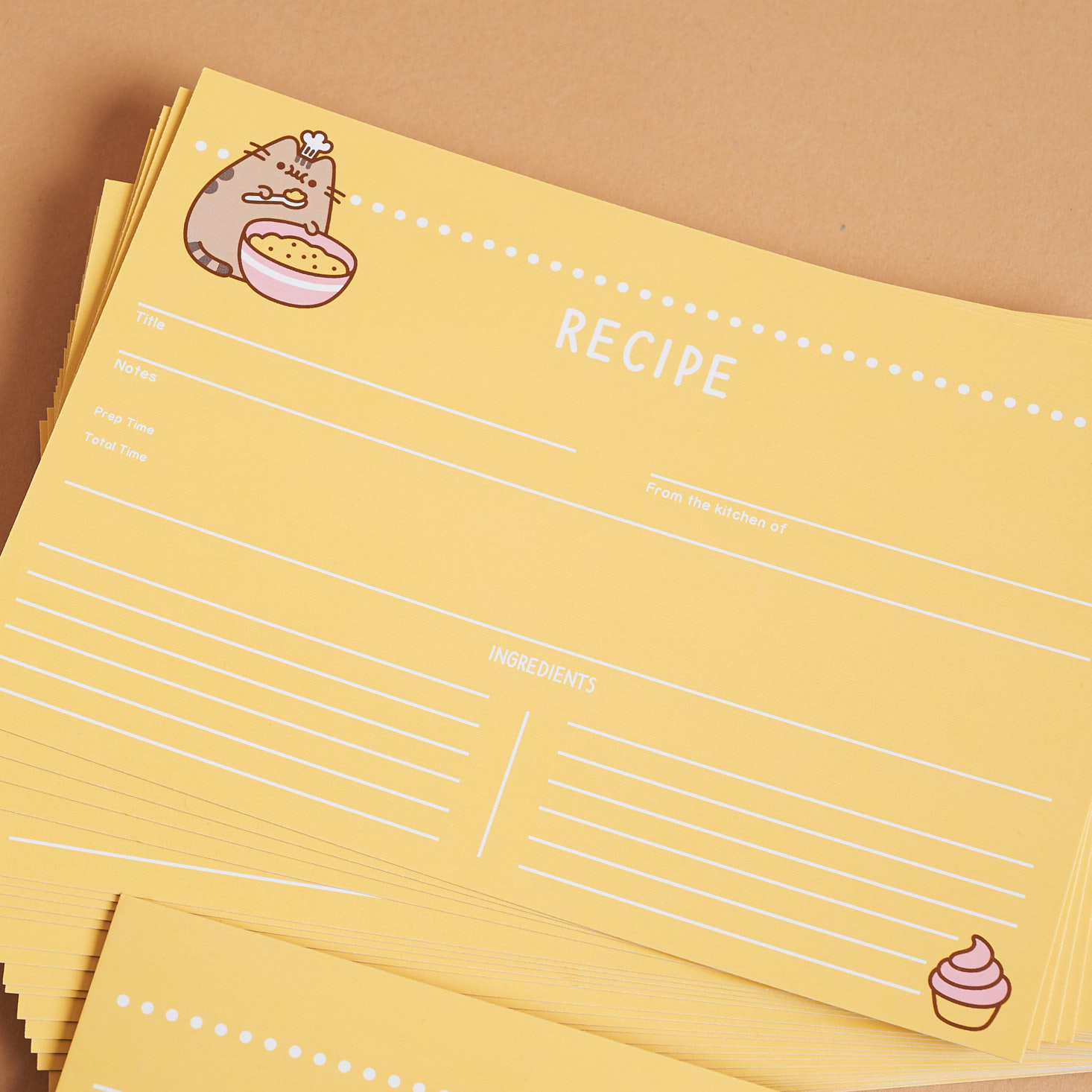 close up of front of Pusheen recipe card