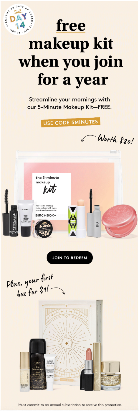 Birchbox Coupon – First Box for $1 + FREE 5-Minute Makeup Kit With Subscription