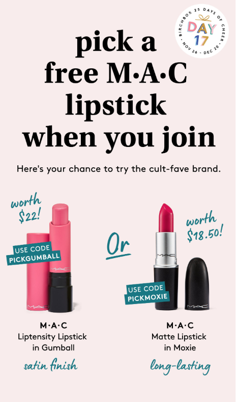 Birchbox Coupon – Free M.A.C. Liptensity Lipstick or Matte Lipstick with Subscription!