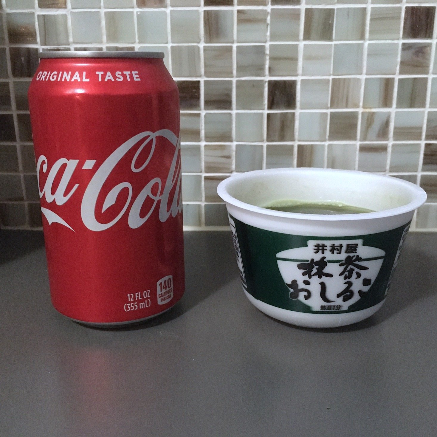 matcha mochi soup with coke can for scale