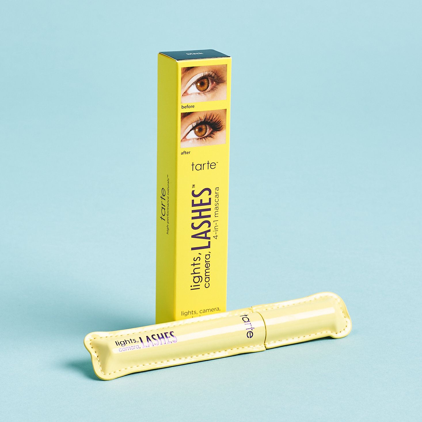 yellow faux leather mascara packaging