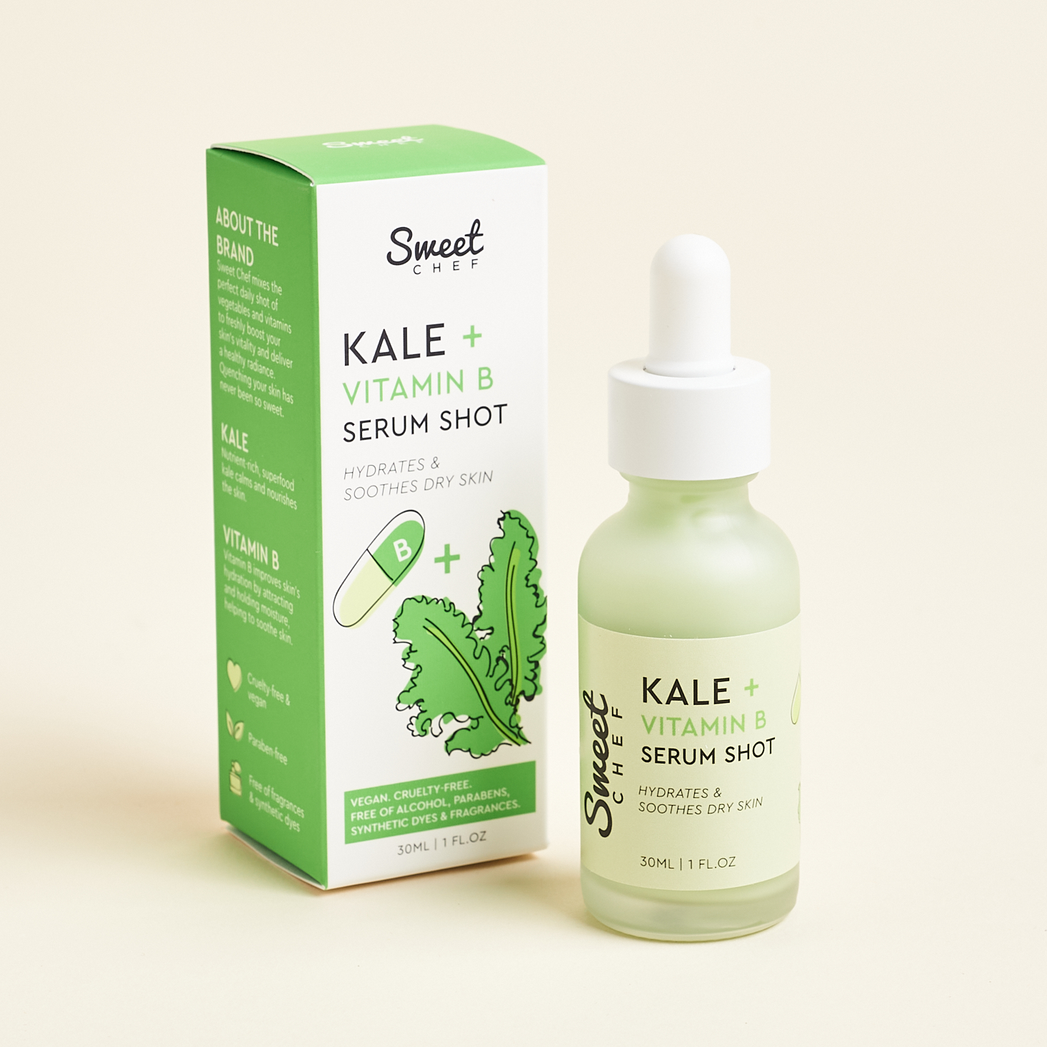 super cute frosted glass bottle with green serum inside