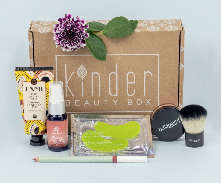 Kinder Beauty non-toxic beauty box with all contents displayed.