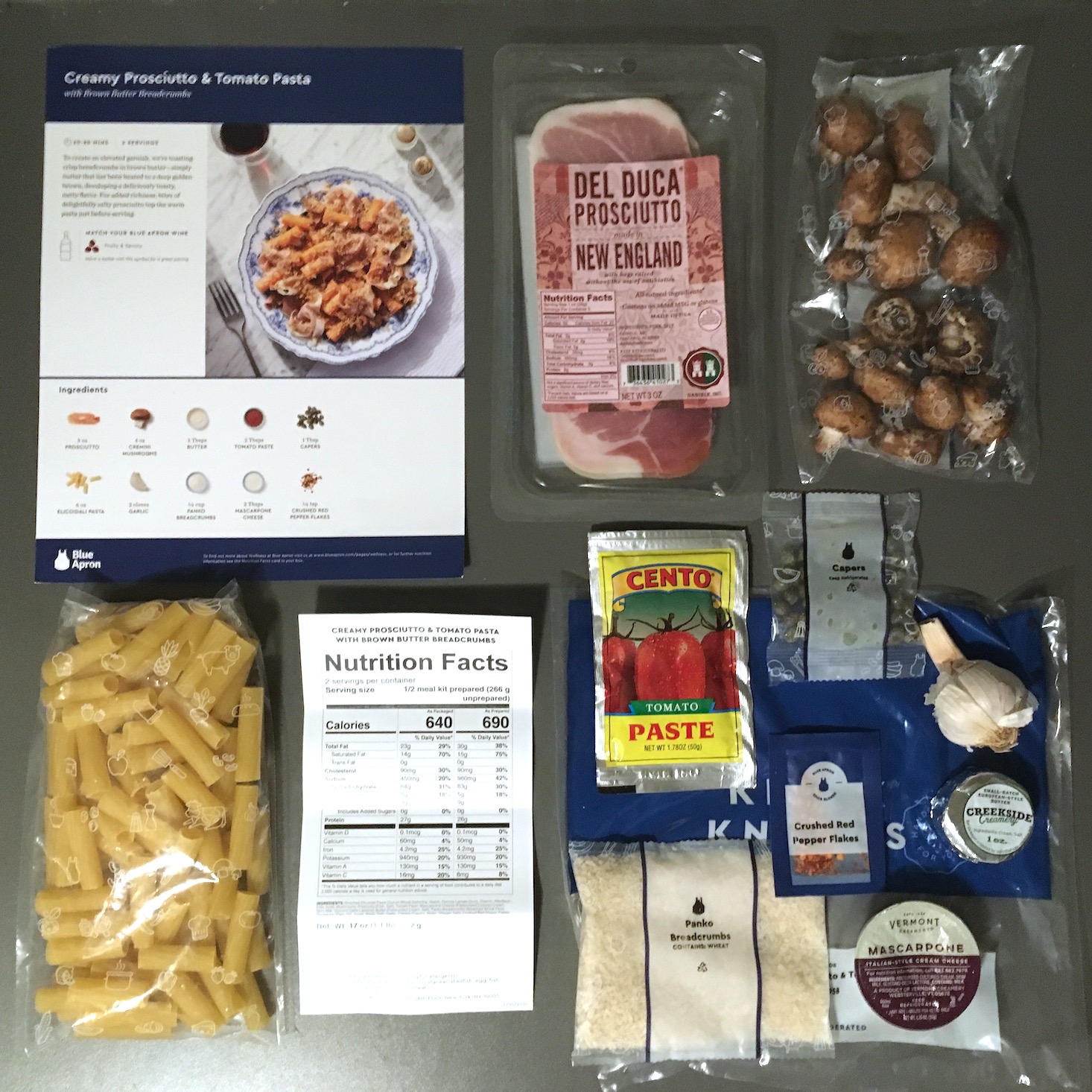 Blue Apron February 2020 - prosciutto and tomato pasta ingredients laydown