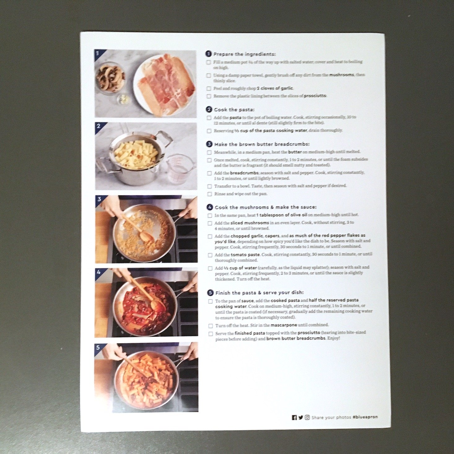 Blue Apron February 2020 - prosciutto and tomato pasta recipe card back