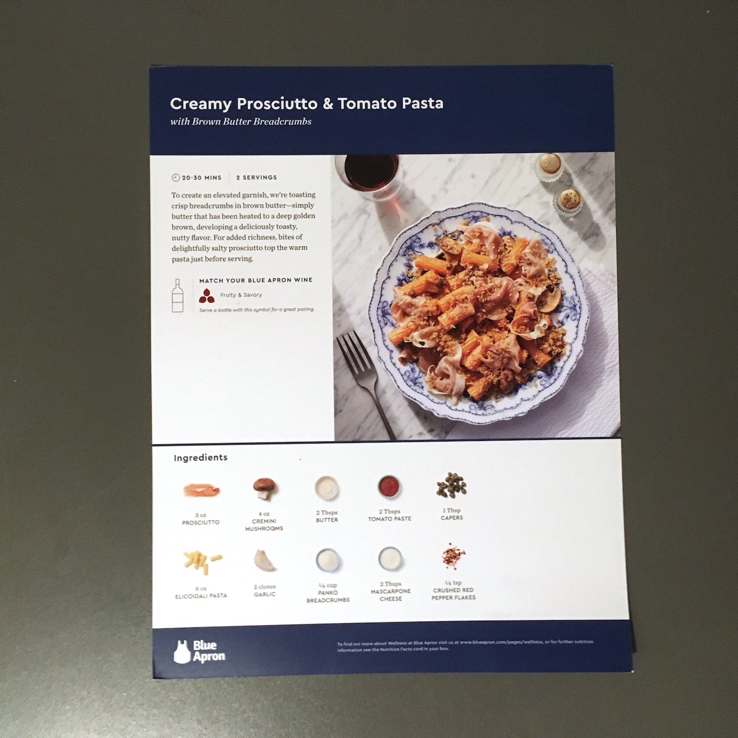 Blue Apron February 2020 - prosciutto and tomato pasta recipe card front