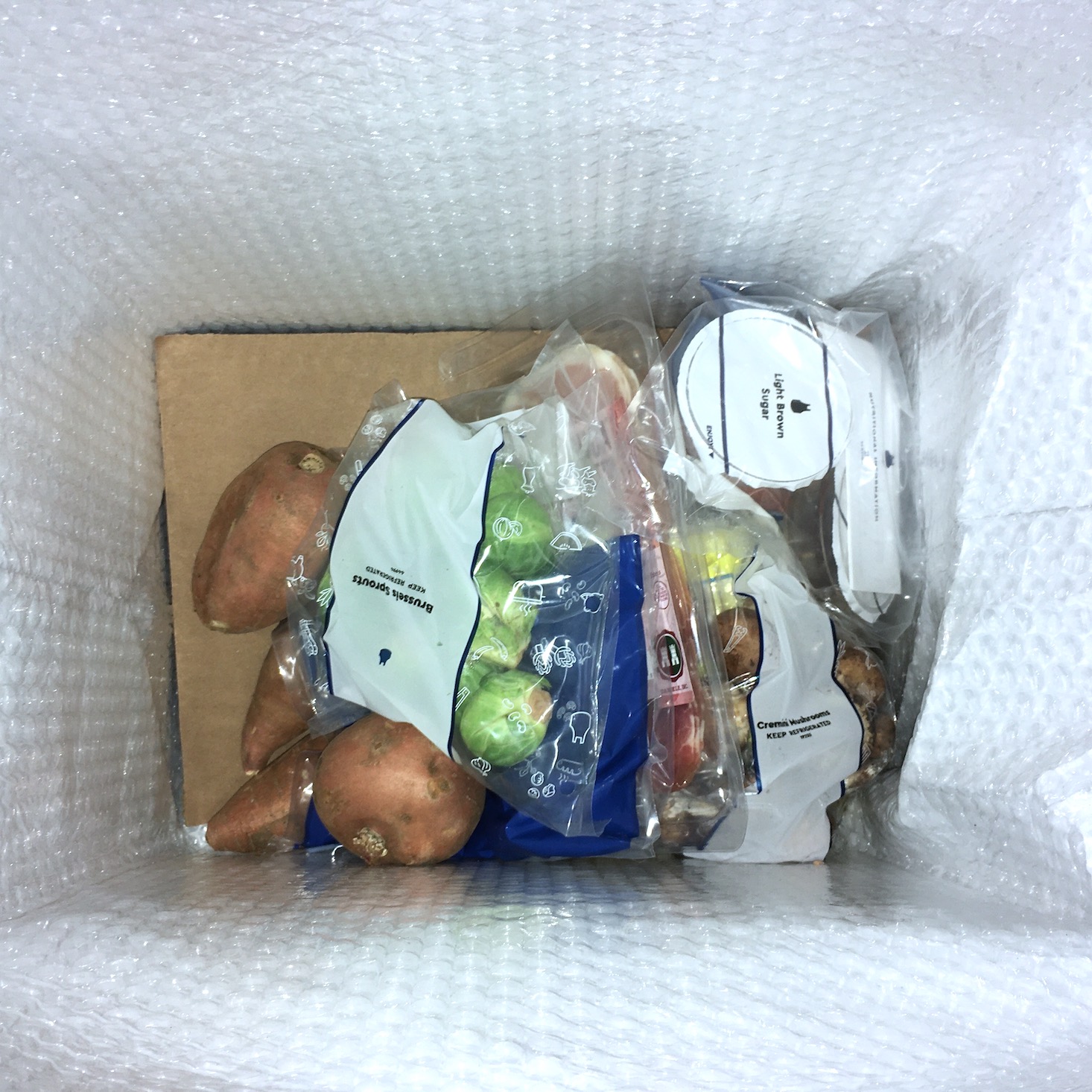 Blue Apron February 2020 - top view of box showing ingredients