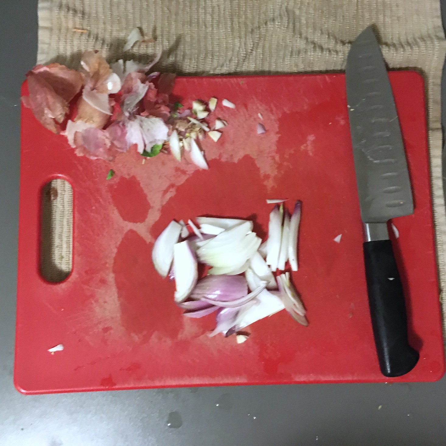Blue Apron February 2020 - veggie tacos chopped shallot on a cutting board