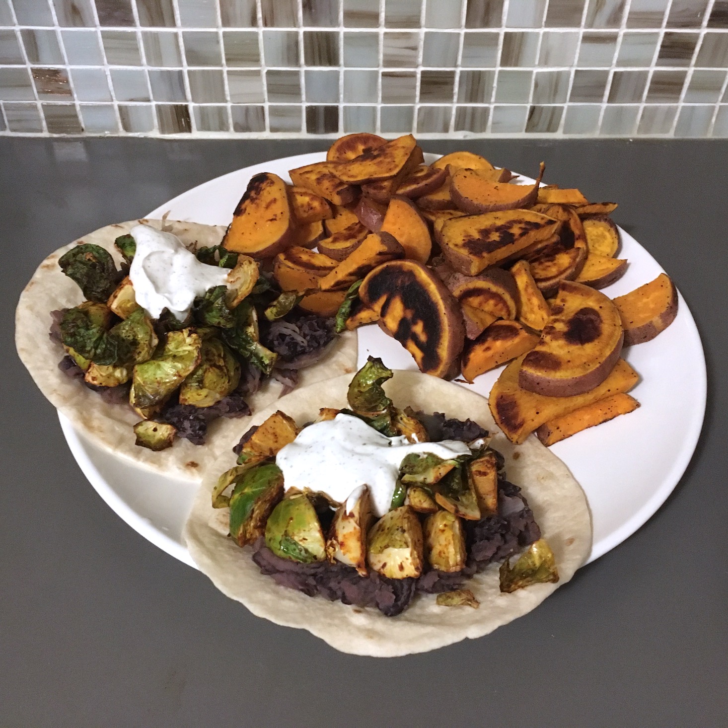 Blue Apron February 2020 - veggie tacos plated front view