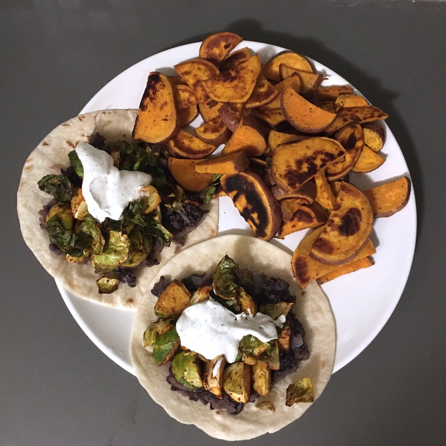 Blue Apron February 2020 - veggie tacos plated top view