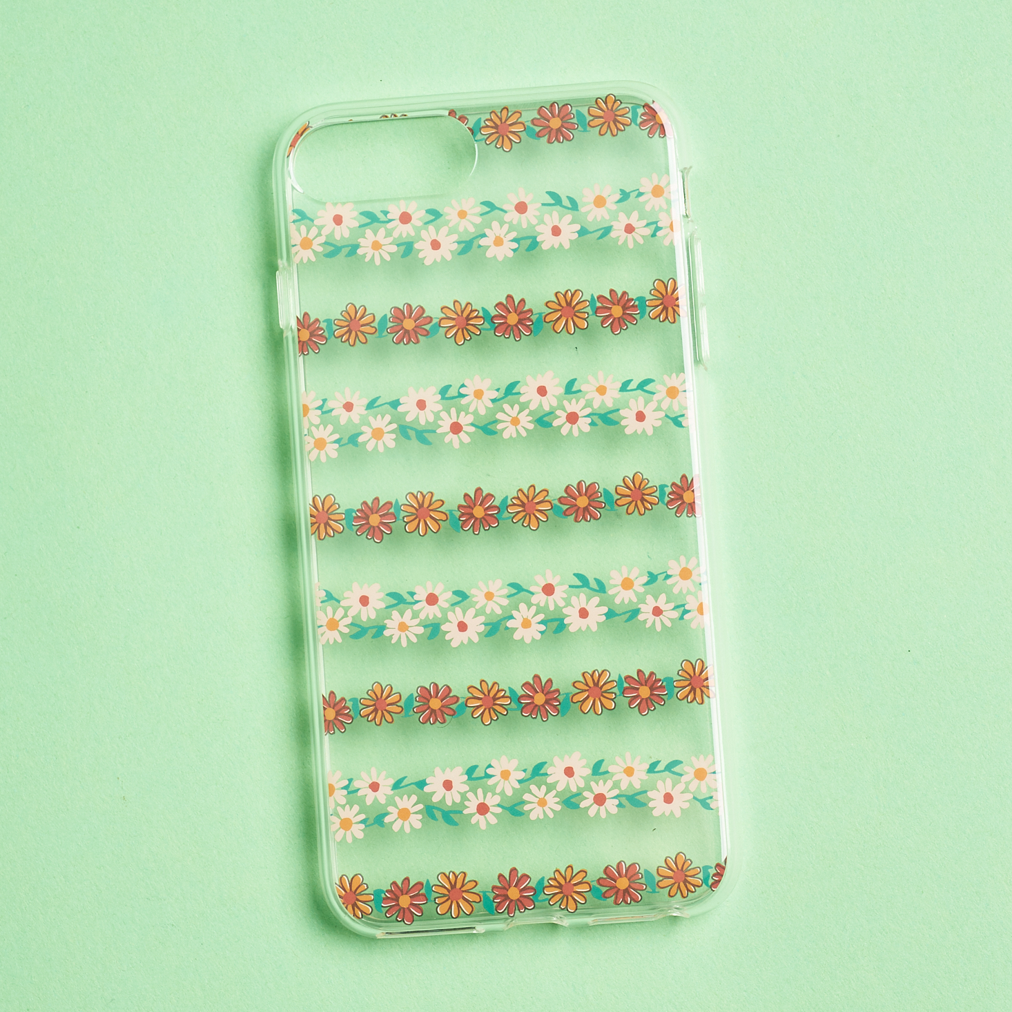 clear case with pink and rust colored daisies in rows