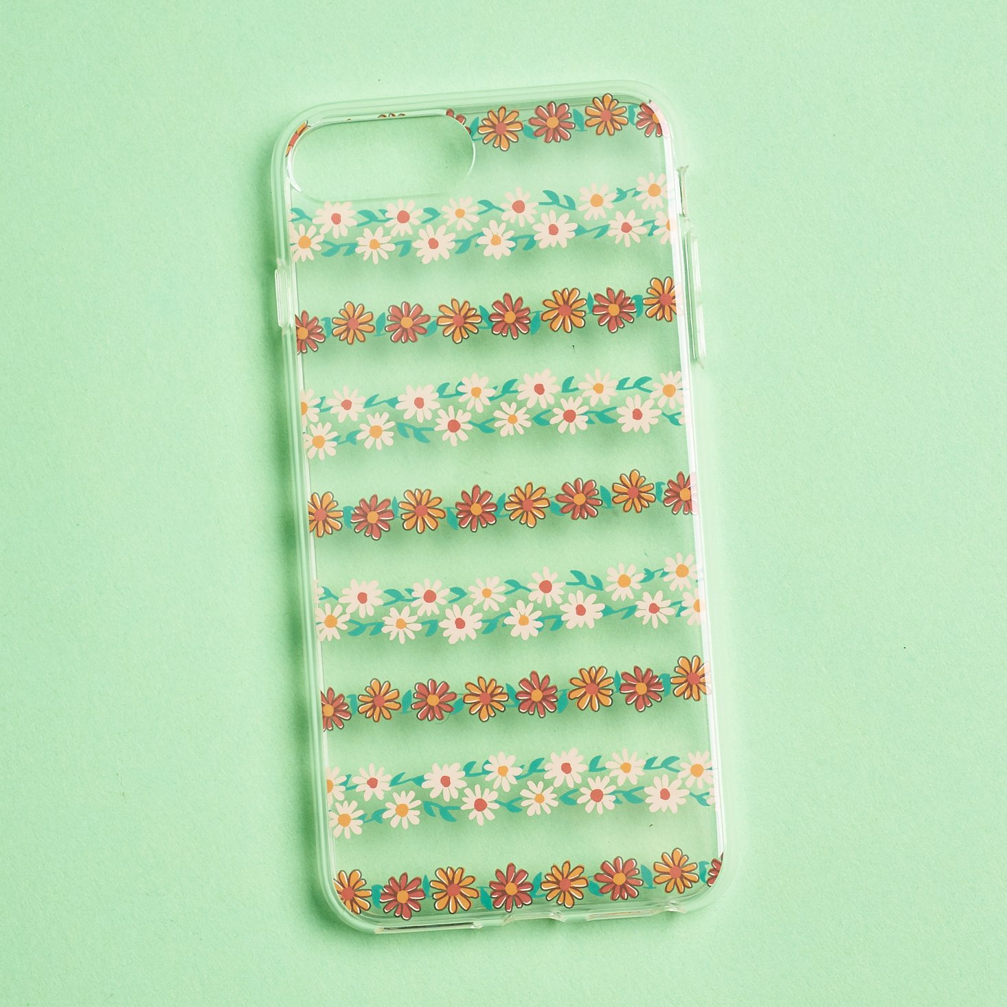 clear case with pink and rust colored daisies in rows