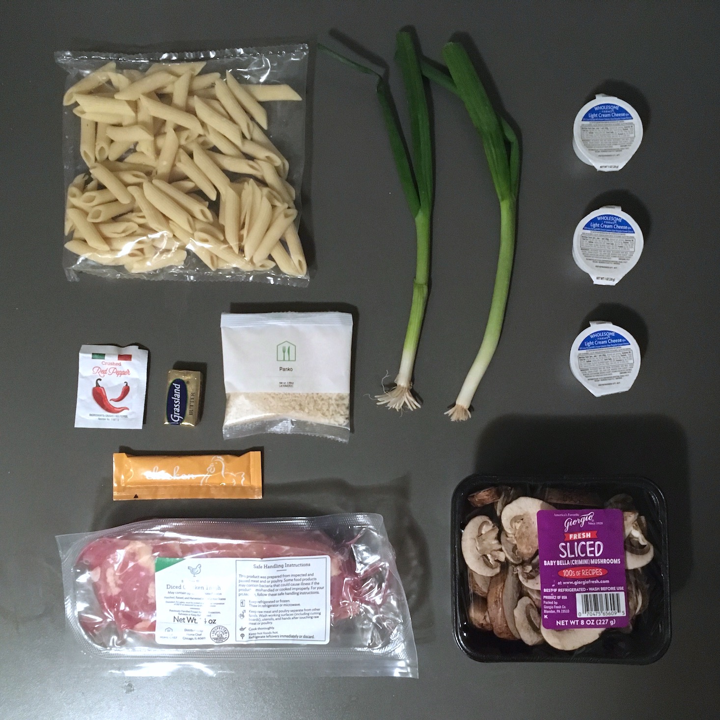 Home Chef February 2020 - italian stuffed mushroom pasta ingredients laydown