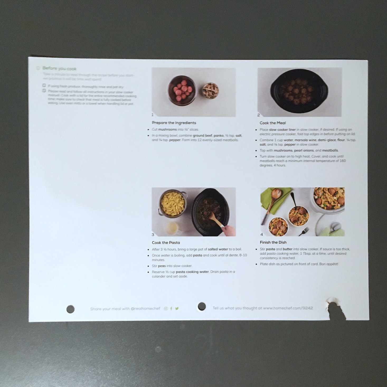 Home Chef February 2020 - slow cooker meatballs marsala recipe card back