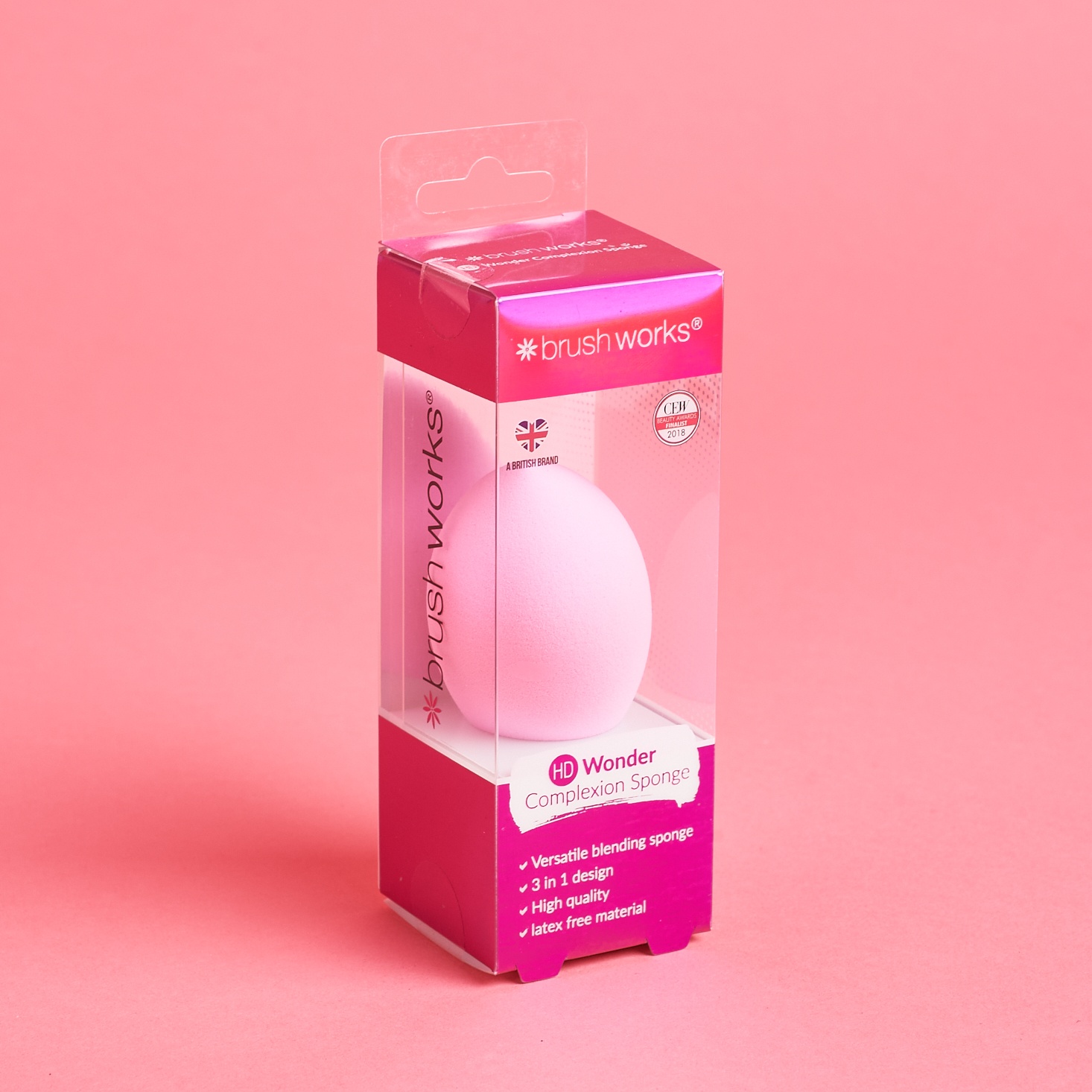 hot pink packaging with light pink beauty sponge inside