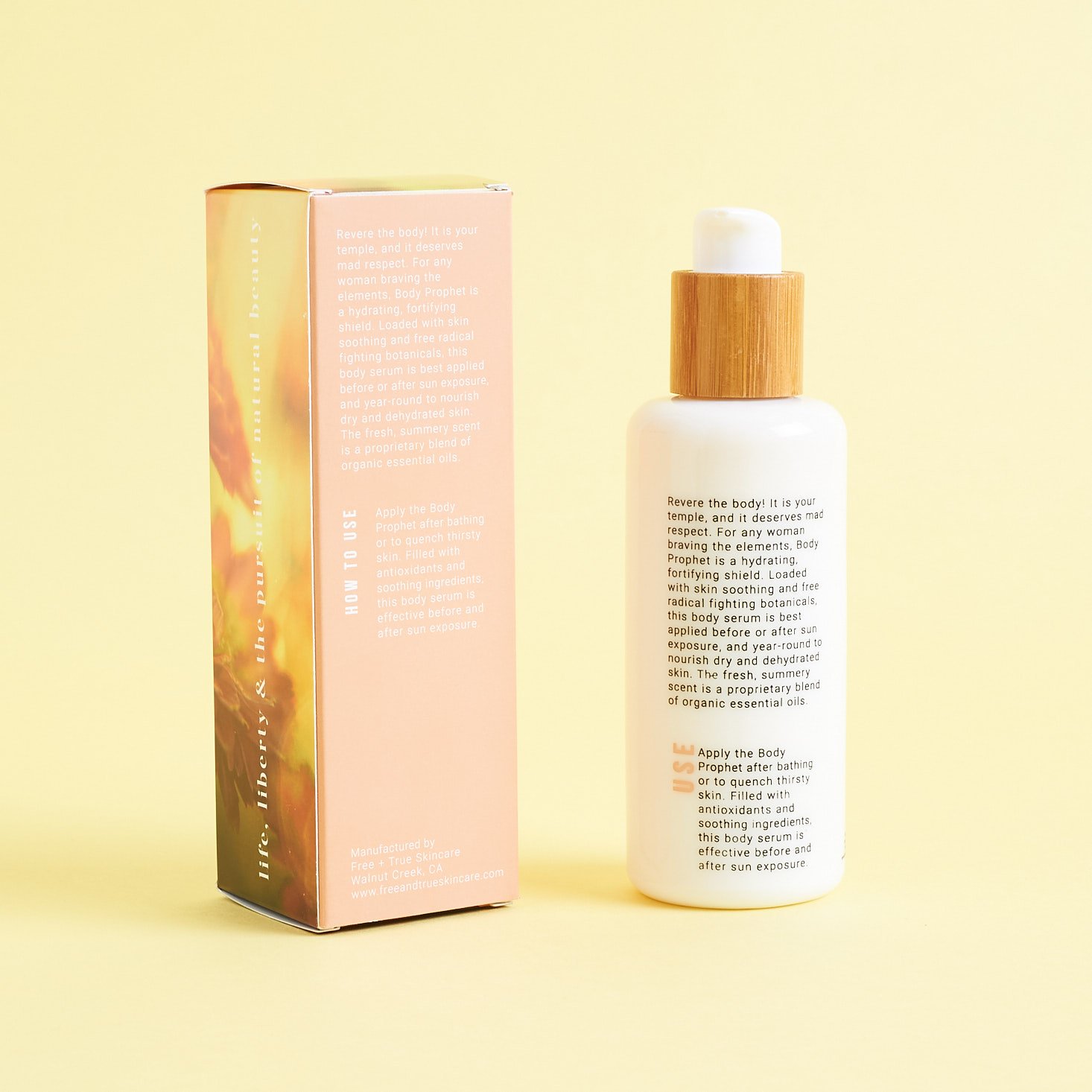 back of Free + True Body Prophet All Over Creamy Serum with box