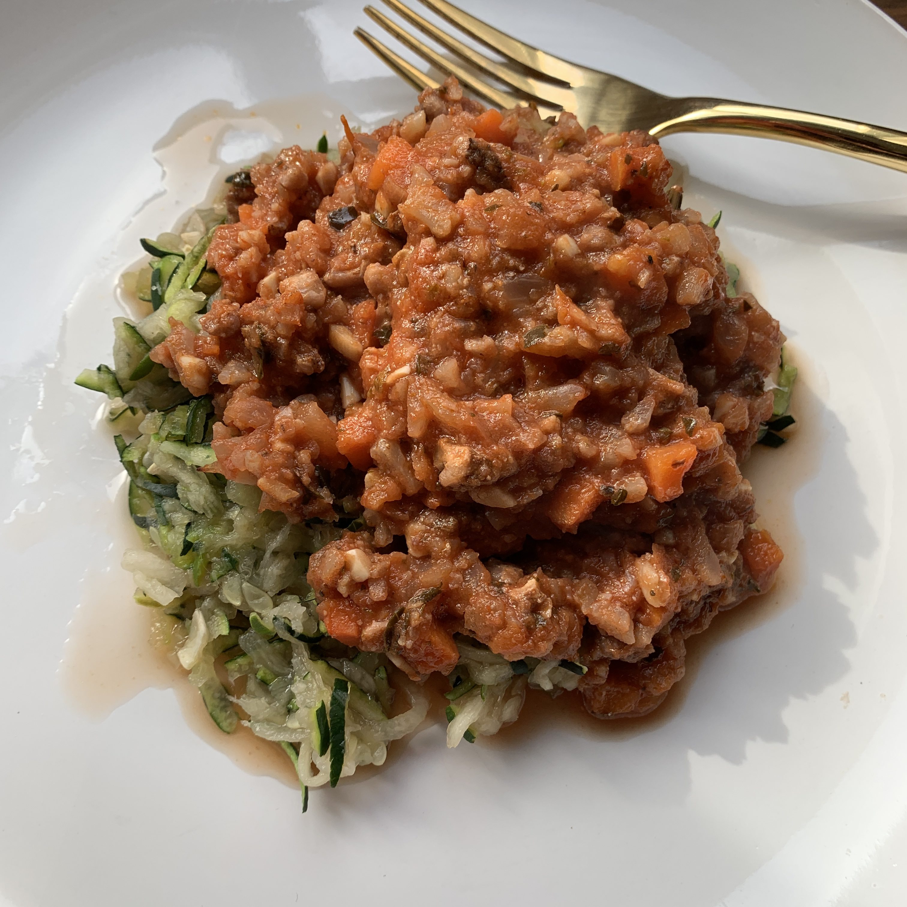 close up of Meatless Walnut Cauliflower Bolognese on plate