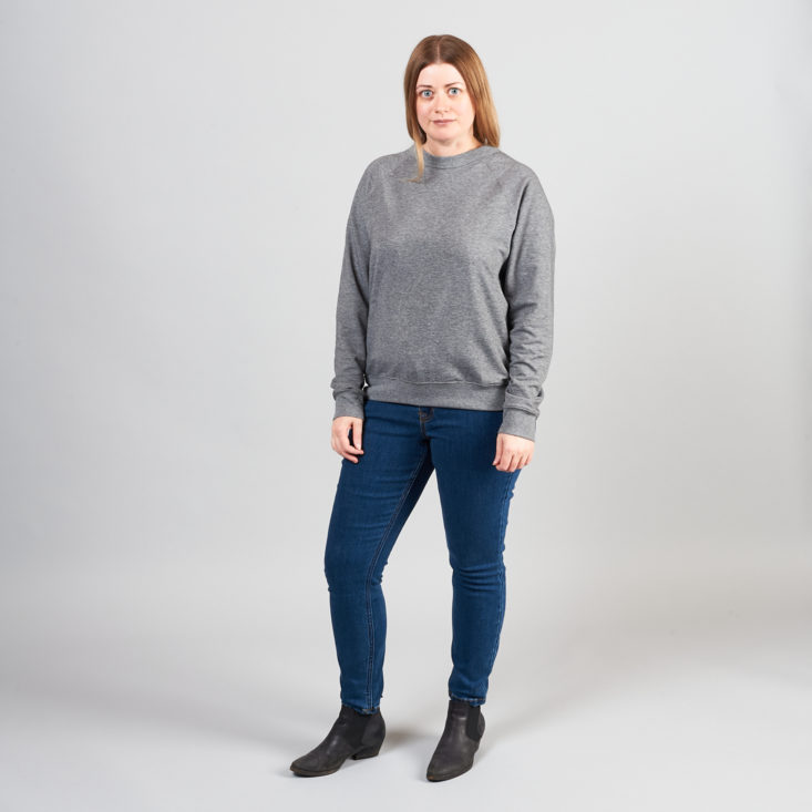 Marne in sweatshirt and jeans from Frank and Oak