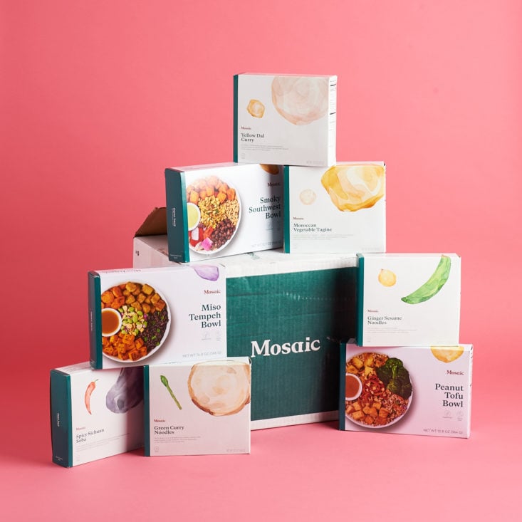 Mosaic plant-based prepared meals unpacked in front of their shipping box.