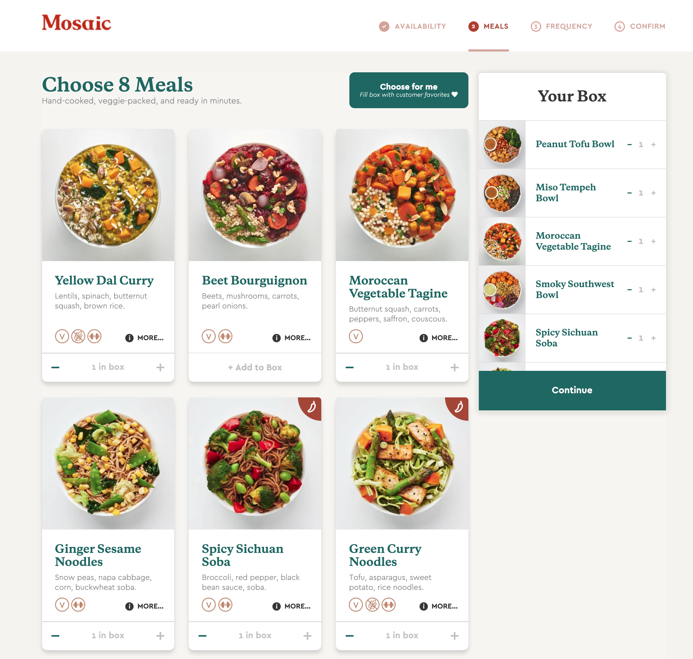 Mosaic meal selection screenshot