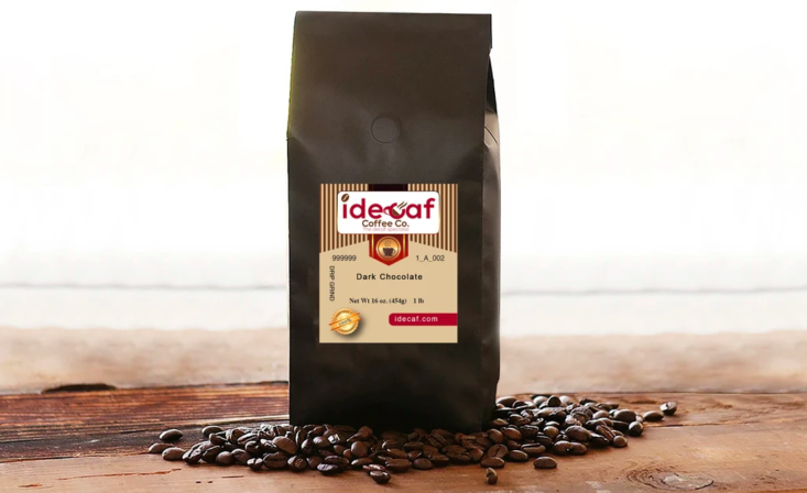 Coffee bag with beans overflowing from Idecaf.
