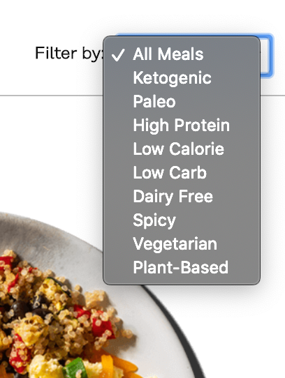 Screenshot of filters used in meal selections on Factor_ website