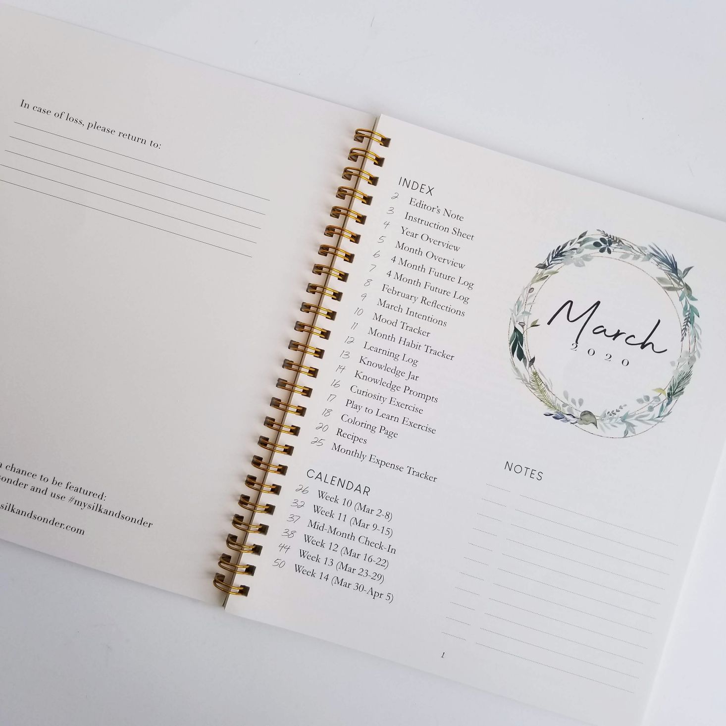 Silk + Sonder Planner March 2020 table of contents